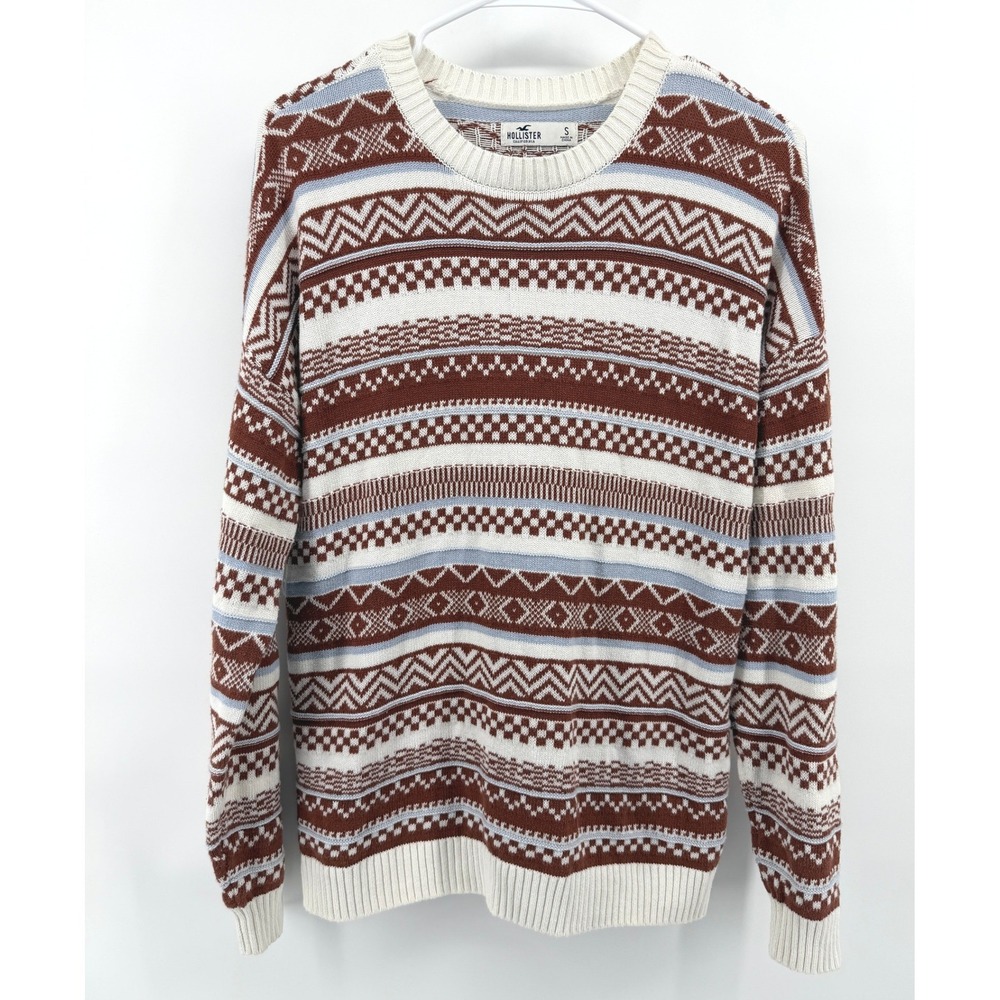 Hollister Sweater Brown Blue Fair Isle Cotton Knit Crewneck Cabin Preppy Women S